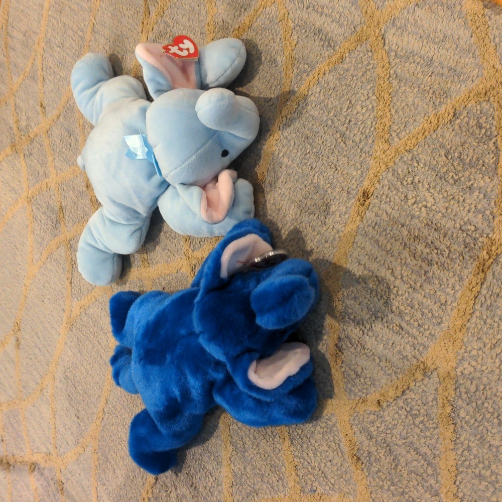 VTG Vintage Ty Peanut Royal Blue Beanie Buddy and Squirt Pillow Pal Elephants